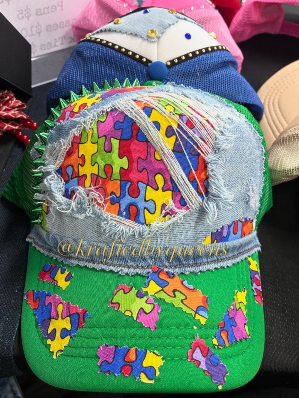 Autism Awareness Month! Green Puzzle Patch Distressed Baseball Cap - Unbranded